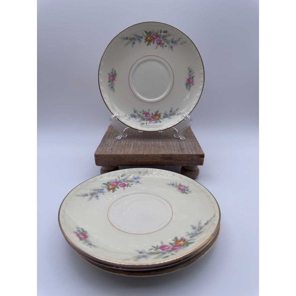 Homer Laughlin Eggshell Georgian Saucers Set of 4 Floral Gold Rim F49N5